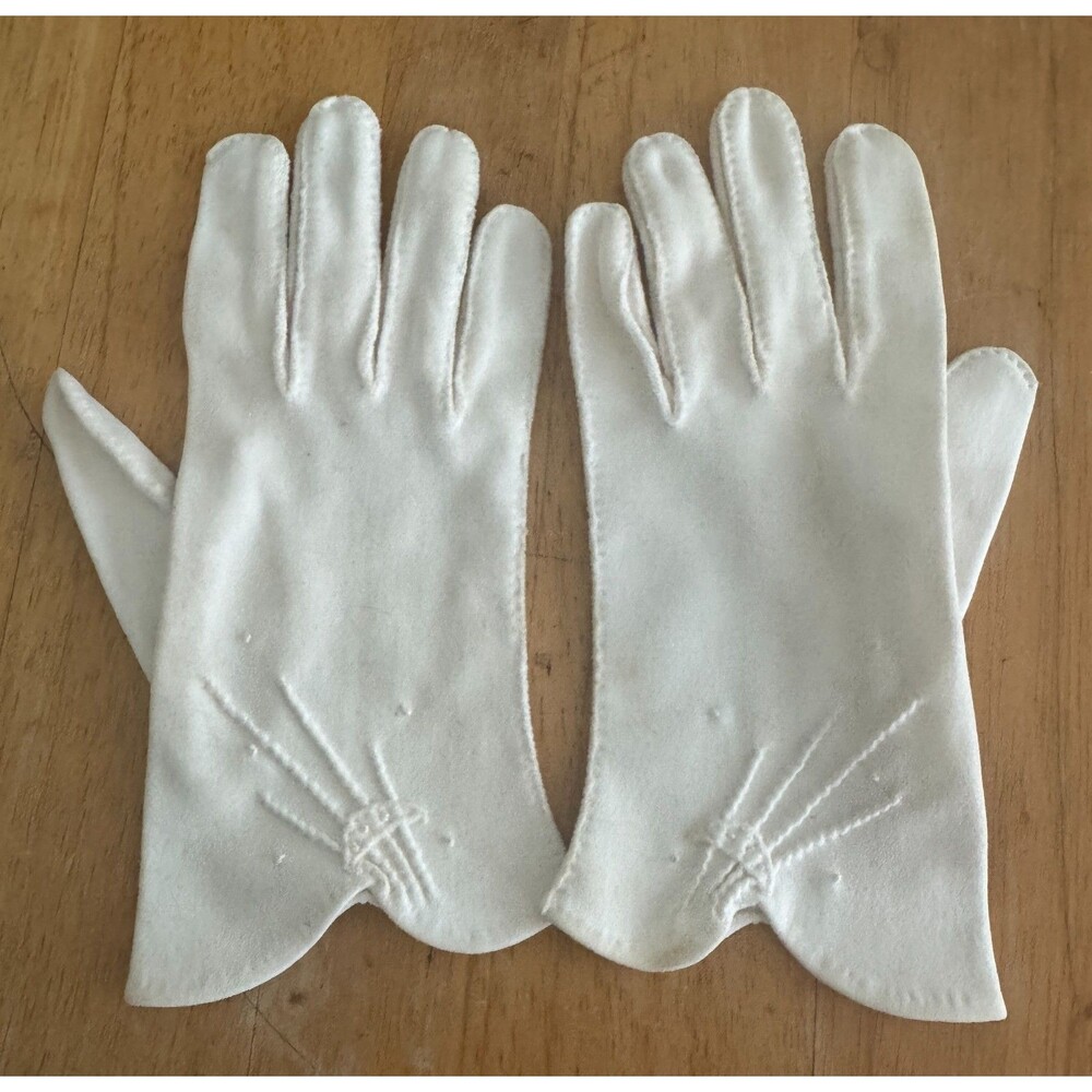 White Fashion Wm Sm Dress Gloves Wrist Length Vintage 1950 Embroidery At Wrist